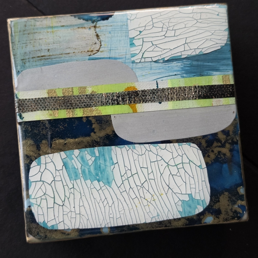 SOLD -ORIGINAL Modern Resin Collage Wall/Shelf Art, Abstract, Blues,Gold, Silver